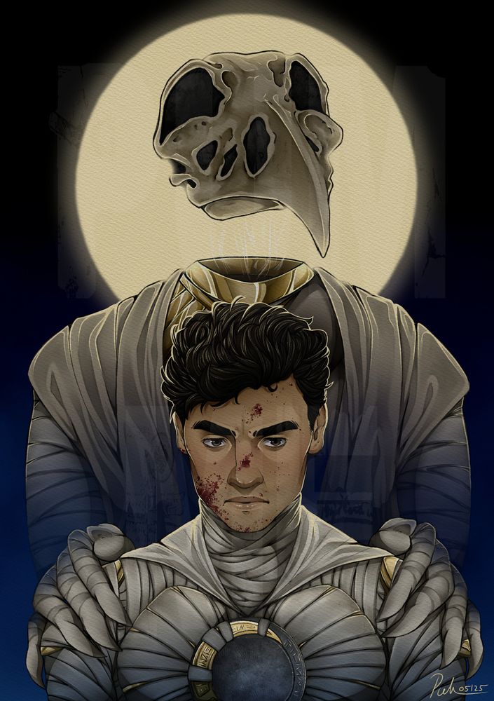 A digital artwork showing Marc Spector (Moon Knight) facing the viewer, with the Egyptian god Khonshu standing behind him, his hands resting on Marc's shoulders. Marc appears to feel guilty, blood splatters covering his face, while Khonshu's head lifted, a bright moon shining behind his head.