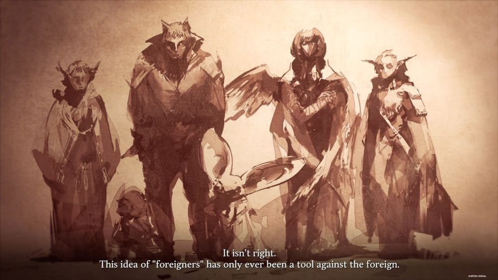 Screenshot from Metaphor opening 

"It isn't right. This idea of "foreigners" has only ever been a tool against the foreign.