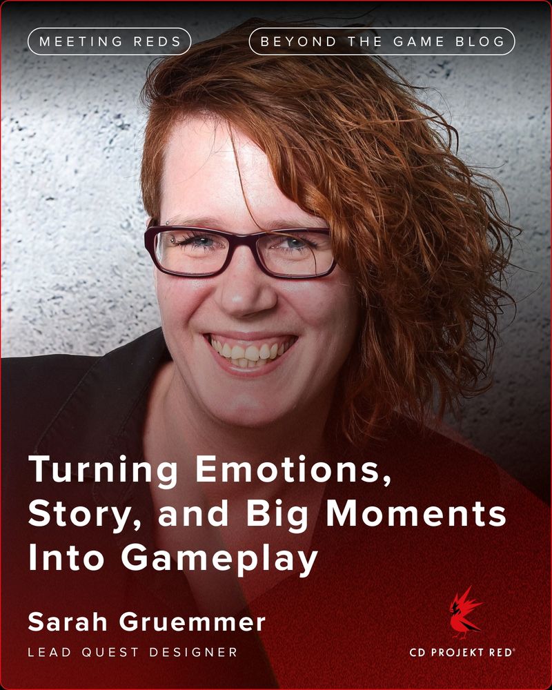 CD Projekt Red lead quest designer Sarah Gruemmer smiles towards the classes, her curly red hair swept to one side, wearing black-framed glasses and a silver eyebrow piercing. Text reads: “Turning Emotions, Story, and Big Moments Into Gameplay”