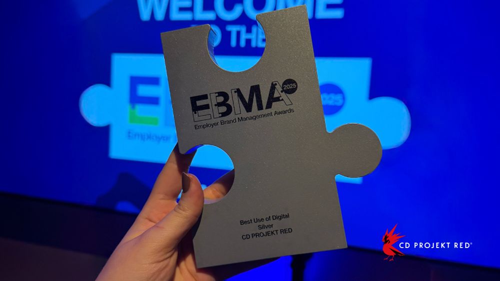A close-up of the EBMA 2025 Silver Award in the shape of a puzzle piece. It reads, “Best Use of Digital. Silver. CD Projekt Red.”