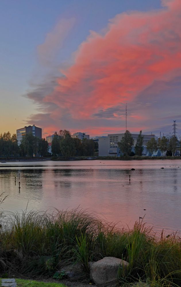 Vaaleanpunainen taivas ja jokisuisto.