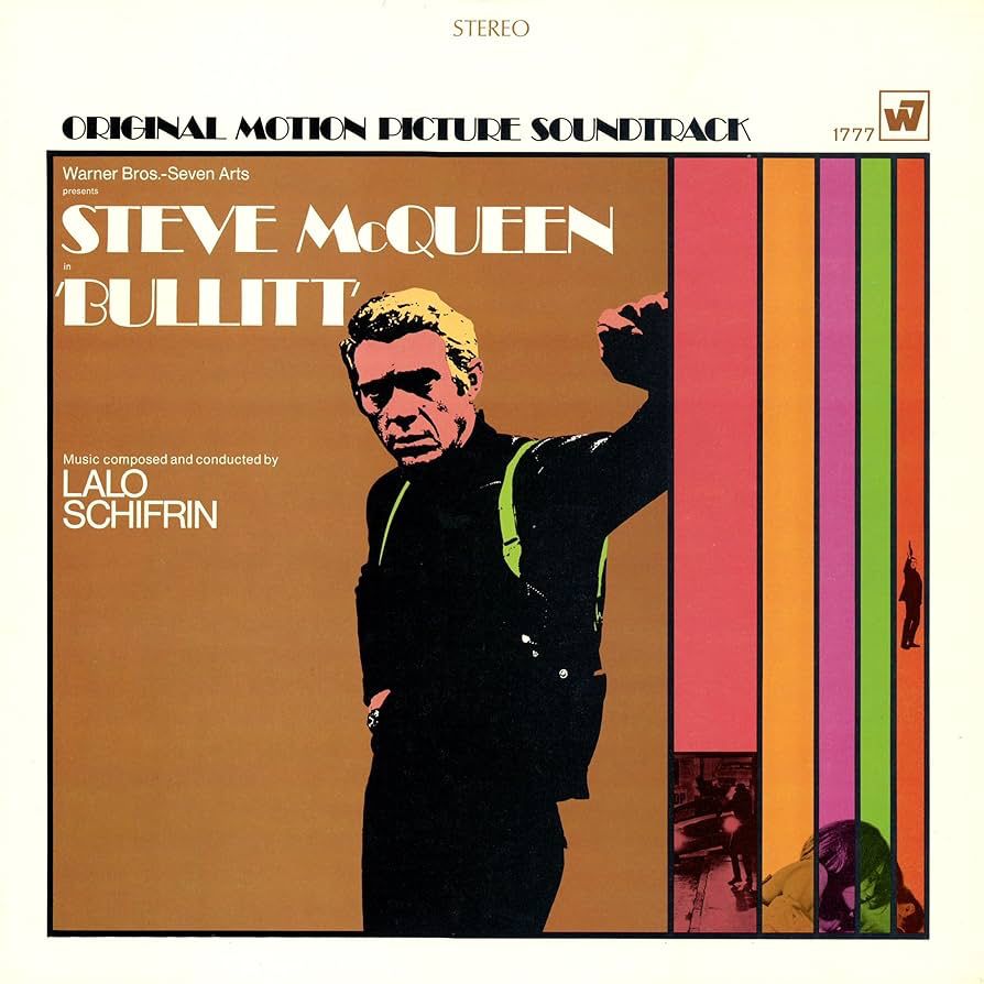 The LP sleeve of Lalo Schifrin’s OST album for the movie “Bullitt”. A Pop Art-style and very cool Steve McQueen leaning up against some 1968 graphics.