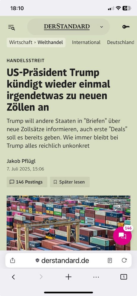 Titel des Standard „Trump kündigt wieder einmal irgendetwas zu neuen Zöllen an.“