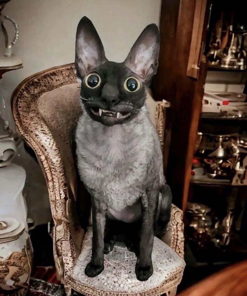 A cat smiling like 😬, the cat also looks like a Bat.