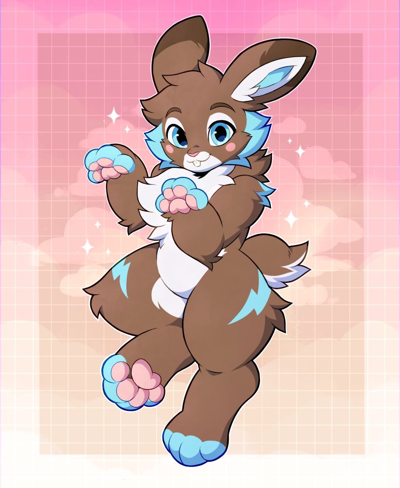 A full-body digital drawing featuring a rabbit character named “Sparks”. He has brown fur with a white belly and blue accents - including two lightning bolt markings on his legs. His paws are in the air, and he is smiling playfully. 