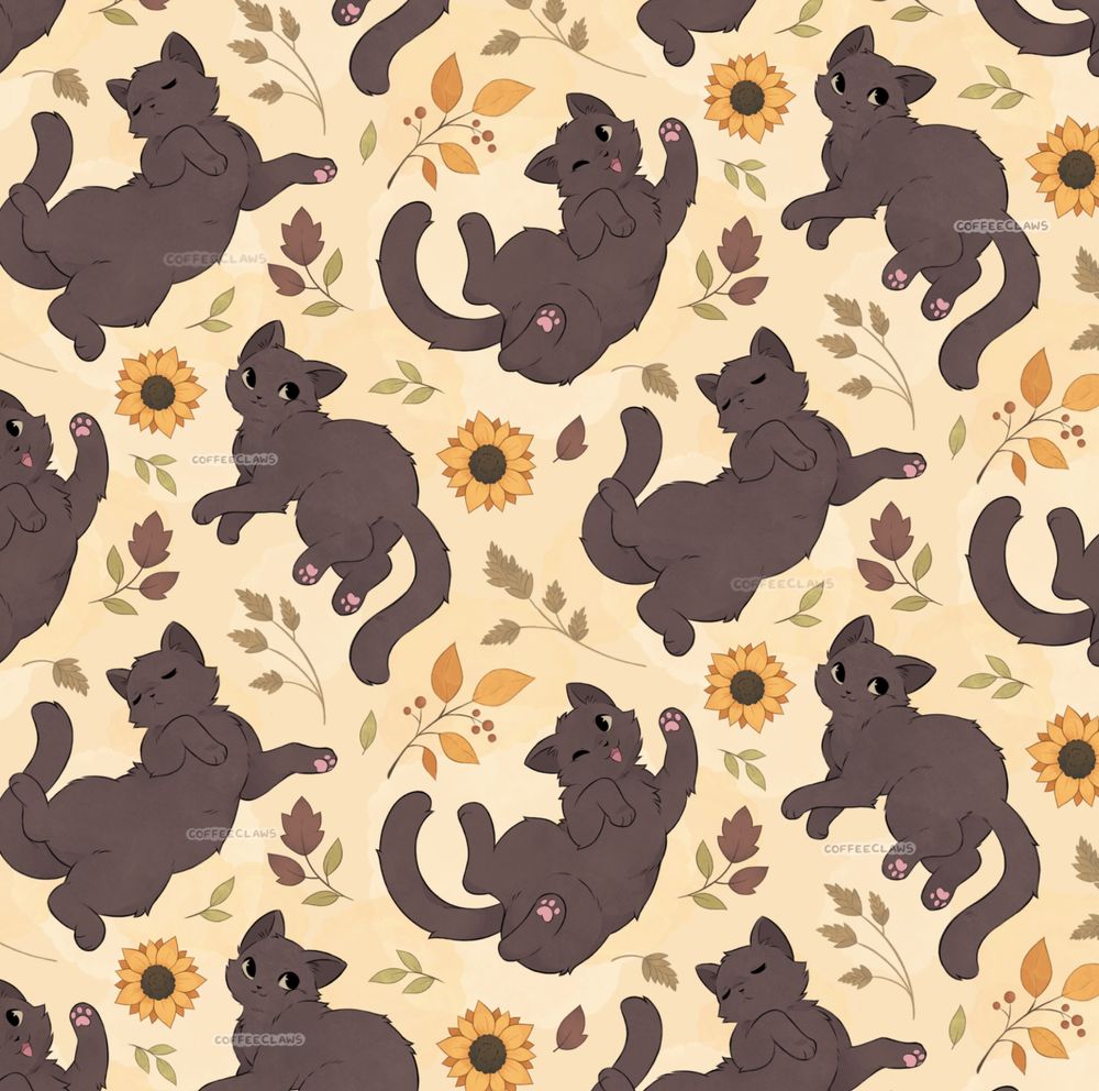 A pattern featuring black cats, sunflowers, autumn leaves, and sea oats.  The cats are placed in various poses, ranging from playful to sleepy. 