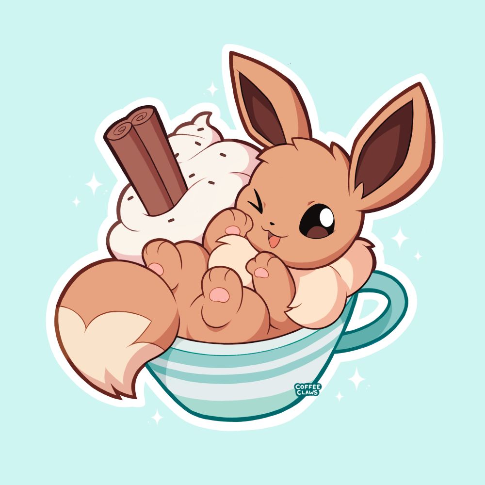 Eevee nestled in a mint-green coffee cup with whipped cream and cinnamon sticks. It has its paws playfully in the air. 
