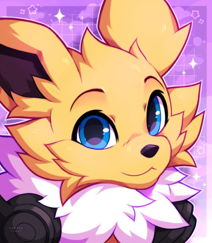 A digital bust featuring a fluffy Jolteon character named “Crystal”. They have a black pair of headphones resting around their neck. They are smiling calmly at the viewer.