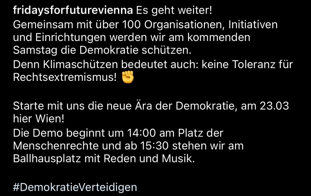 Aufruf zur Demo Demokratie verteidigen von Fridaysforfuturevienna.