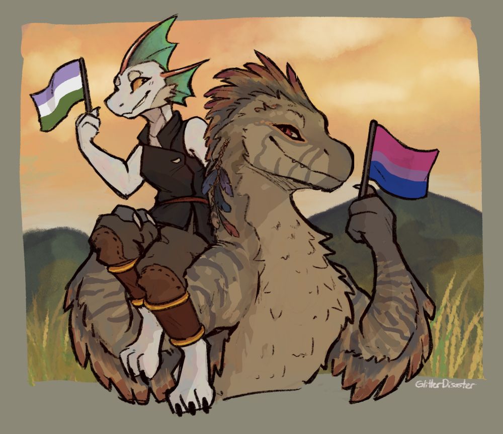 Kaisik the Kunaji (raptor) hoists Tai-wa the seiikuli (kobold) over her shoulder. Kaisik is holding a bisexual flag and Tai-wa is holding a genderqueer flag