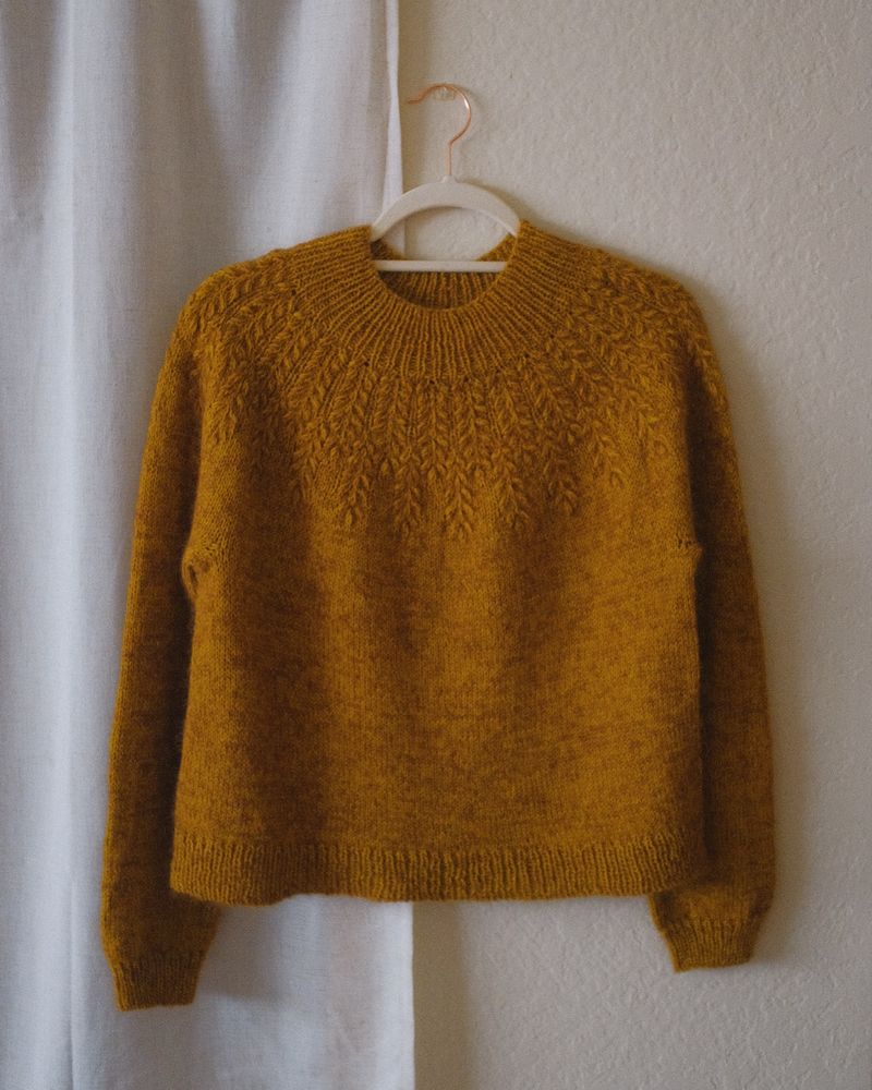 The aforementioned knit sweater on a hanger to show the full sweater