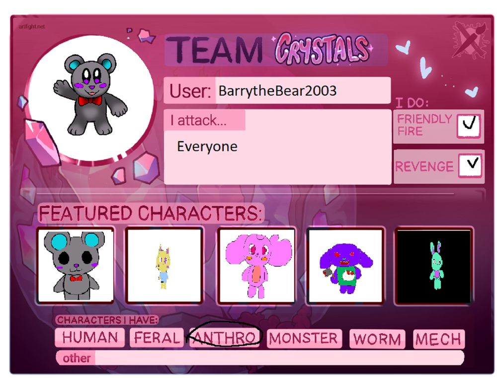 The Barry the Bear in circle is made by my friend, @dojothefox.bsky.social, and second art of Barry the Bear is made by lord0f_awesomeness/Stooks/SadnyBin.