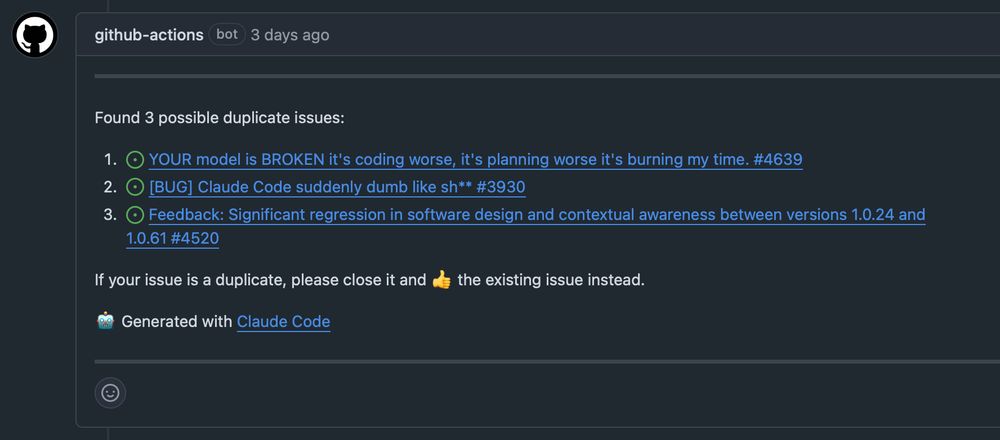 github-actions bot posting:

Found 3 possible duplicate issues
1. YOUR model is BROKEN it's coding worse, it's planning worse it's burning my time.
2. Claude Code suddenly dumb like sh**
3. Feedback: Significant regression in software design and contextual awareness