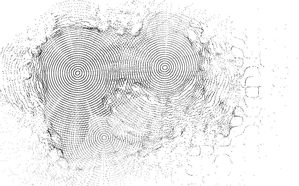 Large black concentric rings on a white background, like ripples in a pond or a heightmap or grooves in a vinyl record. Around the outside the rings are crumpled and shattered into black bits, like grains of sand. At the right, there's a faint grid-like pattern.