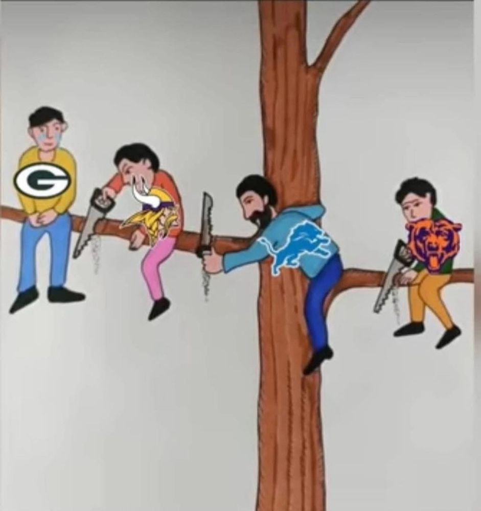 NFL Central teams in a tree with each team sawing a tree branch. Bears are sawing themselves off of the tree!