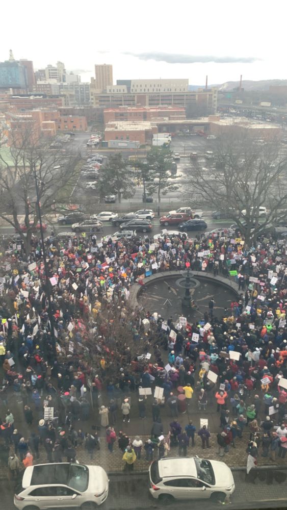 Aerial shot of Hands Off! Syracuse Fights Back rally April 5, 2025; photo credit: C.A. Griffith