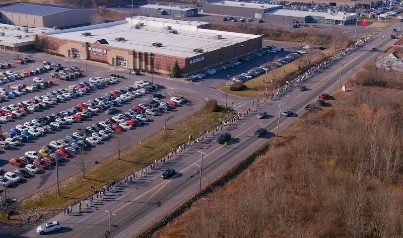 aerial shot of Tesla protest in Fayetteville