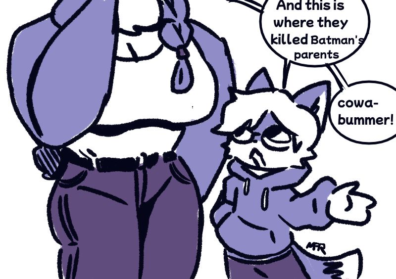 Mar is showing  the mysterious, exotic, exchange student Codi the alley where they killed Batman's parents. To which Codi says "cowabummer!"