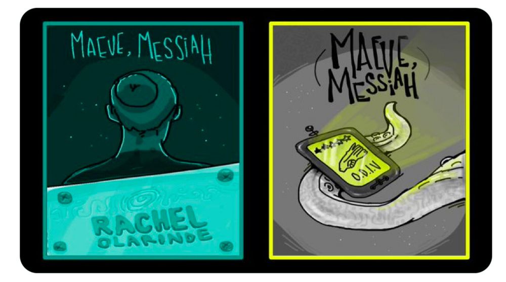 A female spaceship captain looks into outer space and a second picture shows a tentacle holding a table console. Title reads Maeve Messiah