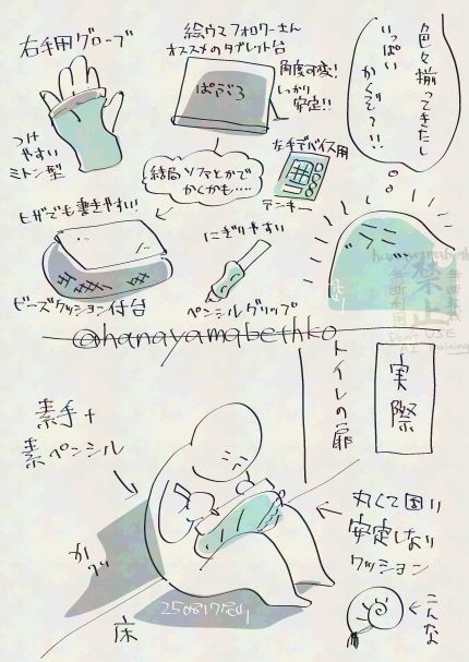 たくさん揃えたお絵描きグッズを全て使わず、床に座り込んで絵を描く私の図。
上のコマ　セリフ「色々揃ってきたしいっぱいかくぞ！」
文字　絵うまフォロワーさんおすすめのタブレット台、角度変えられる、しっかり安定！
左手デバイス用テンキー
にぎりやすいペンシルグリップ
右手用グローブ、つけやすいミトン型
タブレット台があっても結局ソファで書くかも…のとき用、ヒザでも書きやすいビーズクッション付き台
下のコマ
実際
床に座り壁を背に絵を描く私の図
横にはトイレの扉がある。つまり廊下に座っている。
文字
丸くて固い安定しないクッション（を、膝に乗せている）かたちはアンモナイト。
素手プラスプレーンなペンシル。