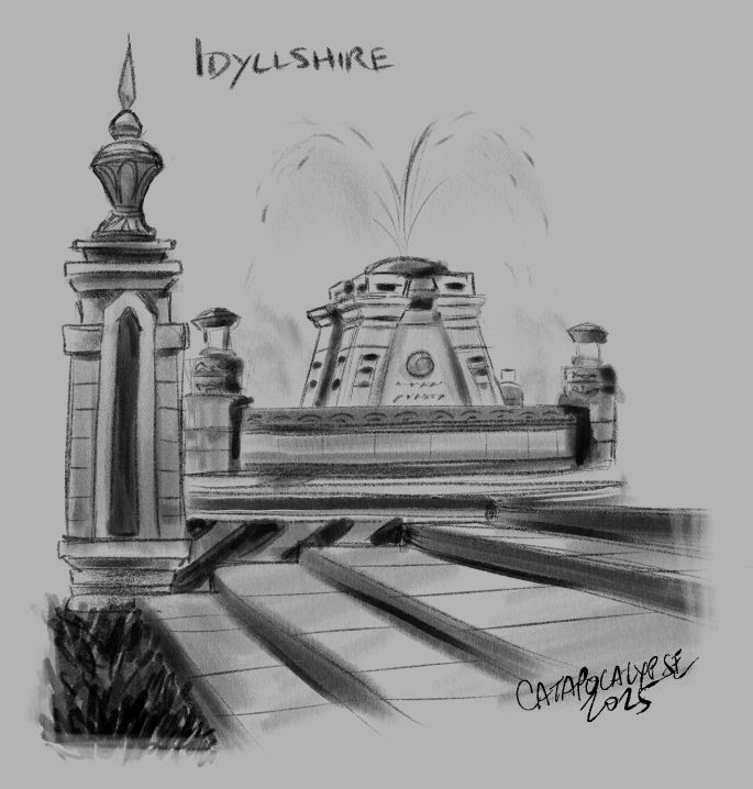 Digital pencil sketch of the fountain at The Snail in Idyllshire, which has a blocky center that tapers slightly toward its dome-ish top, with a coiled shell motif on the side. The pillars along the fountain rim have lamps, and the pillar of the wall in the mid-ground has a tapered metal ornament atop it. The flat stairs and a little grass are visible in the foreground 
