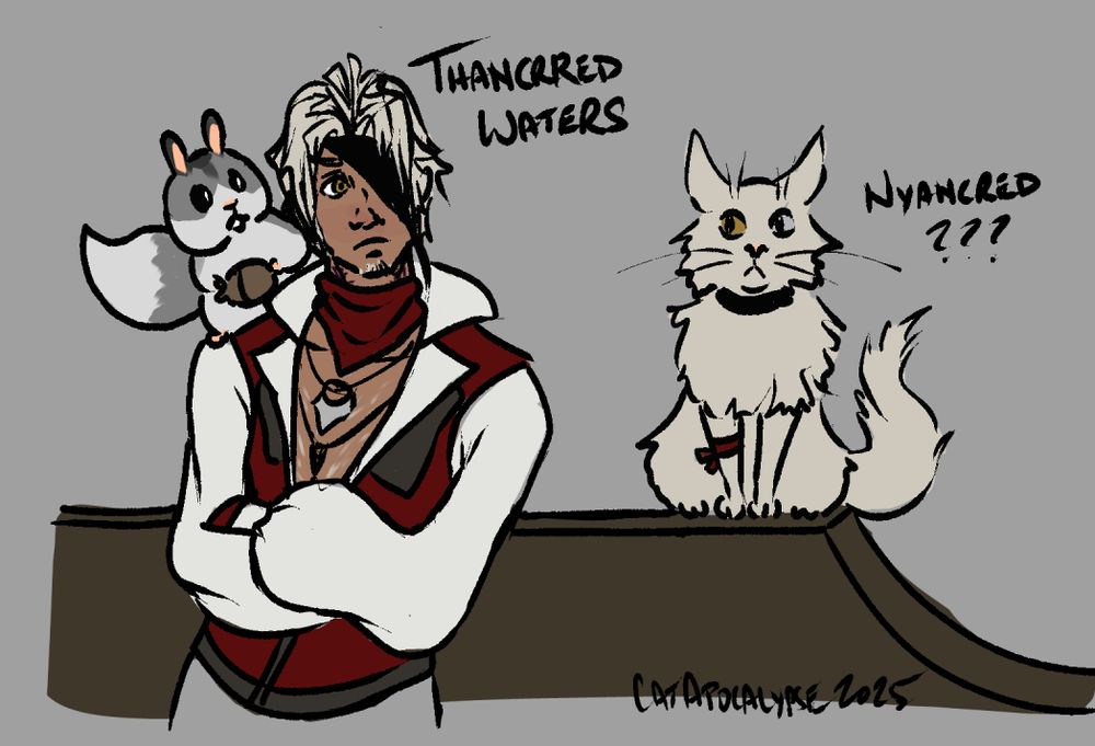 digital sketch in limited colors of Thancred in a red pirate vest, white shirt with puffy sleeves, and red neck bandana, wearing his black eye bandana. He looks, a bit startled, at a fluffy cat the same color as his own hair, with one amber and one silver eye, and a little red tie around one leg. Nutkin sits on Thancred's shoulder opposite from the cat, looking anxiously toward it