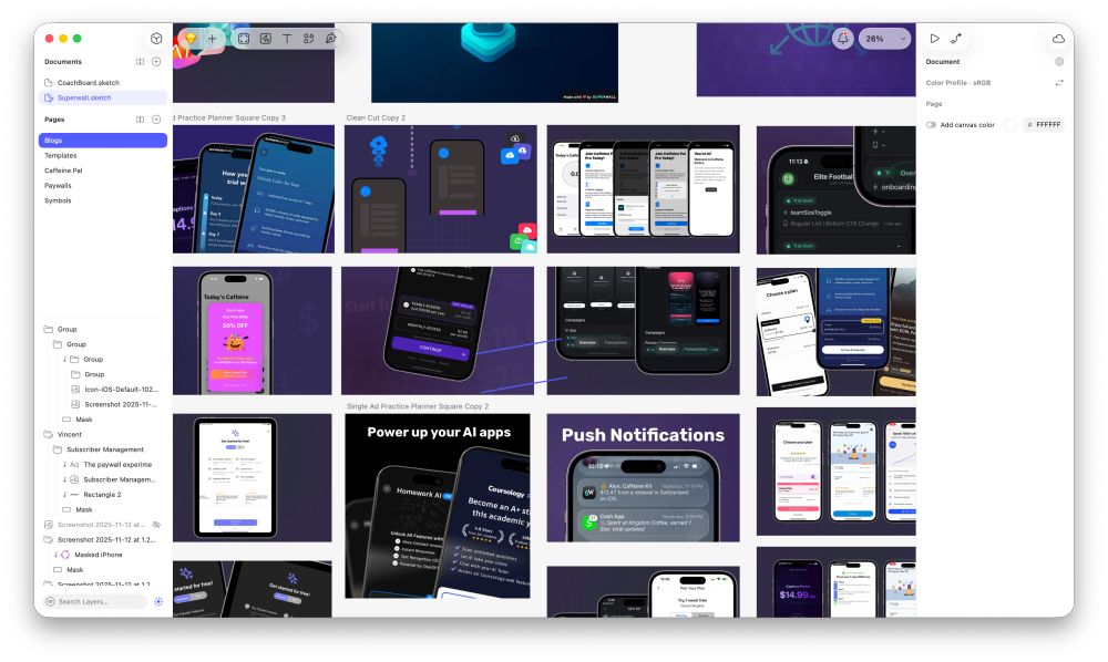 A big ol' canvas open in Sketch on macOS showing a bunch of graphics made for Superwall's content.