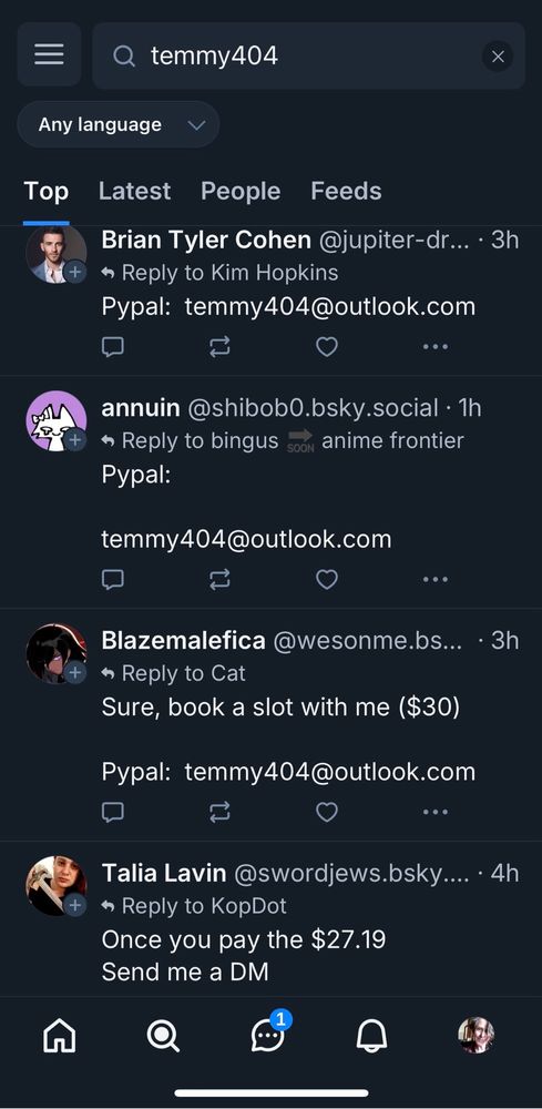 Screenshot: scammer with Blazemalifica’s handle soliciting a PayPal donation to temmy404@outlook.com.