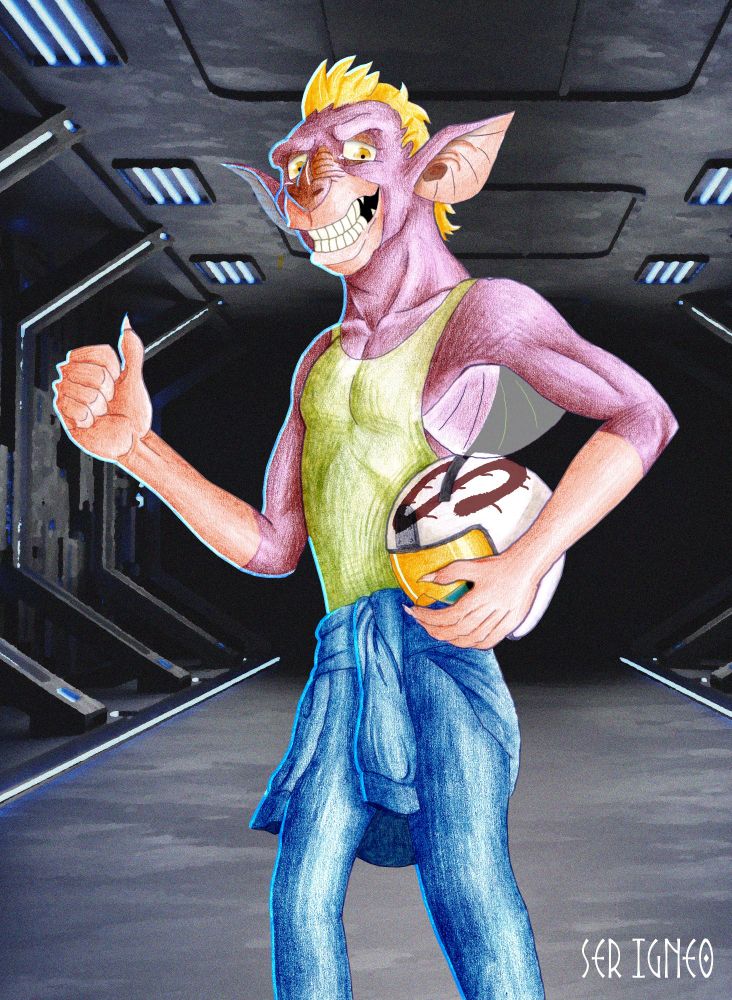 Soryn, un piloto novato Akrennian, está de pie en el hangar. Sujetando su casco, señala hacia atrás con pose chulesca, listo para la acción.