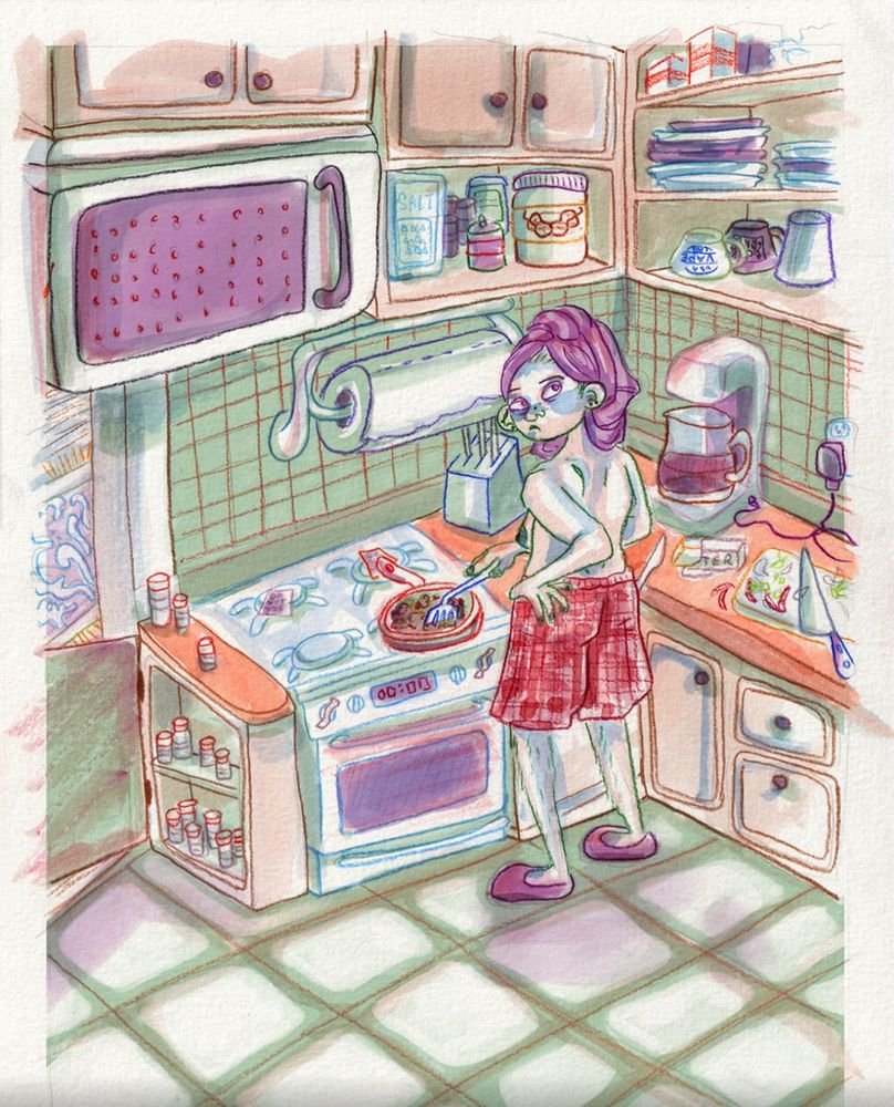 A mixed media illustration of a topless person  in boxer shorts with their hair in a towel cooking in kitchen. They are getting burned by oil spitting out of the pan but aren’t acknowledging it. The illusion is largely green and purple with lots of white showing through 
