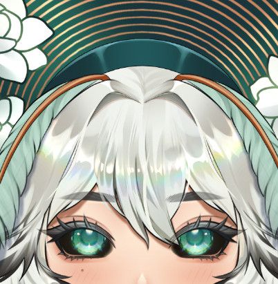a closeup of a vtuber's upper face showing moth antennae, black sclera with green eyes, and dark green Vietnamese head piece