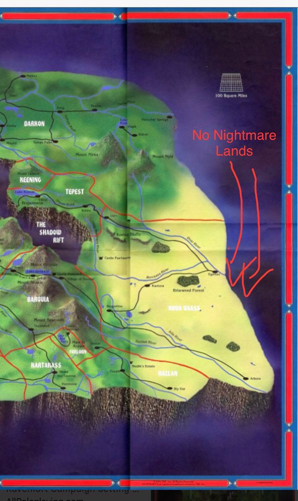 The illustrative map of the raven of campaign setting from the Redbox set a few years later. The nightmare lands is no longer shown in its prior position.