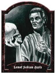 A black and white sketch of the darklord of Scaena, Lemot Sediam Juste. He looks like a pretentious thespian orating to a skull he has held in his hand.