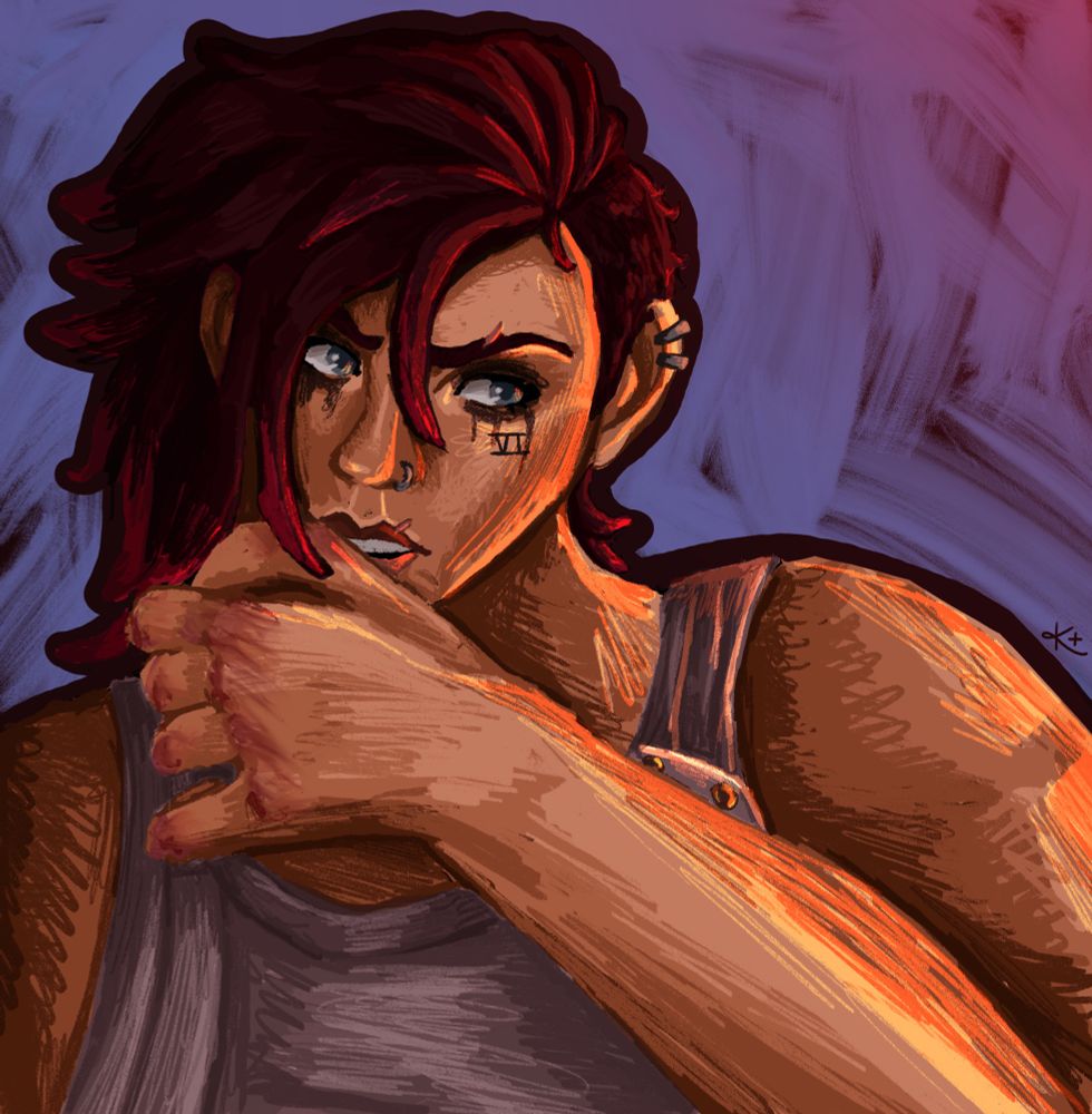 Same picture as described before but instead it’s pit fighter Vi. Her hair is darker and she has makeup running on her face. She has also lost her smile and has some bruising on her knuckle. 