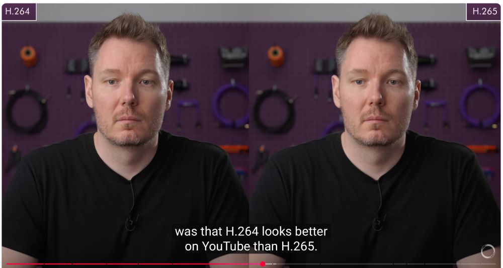 A man in a black shirt is shown twice side by side with labels "H.264" and "H.265," demonstrating video quality differences. Subtitle reads: "was that H.264 looks better on YouTube than H.265.