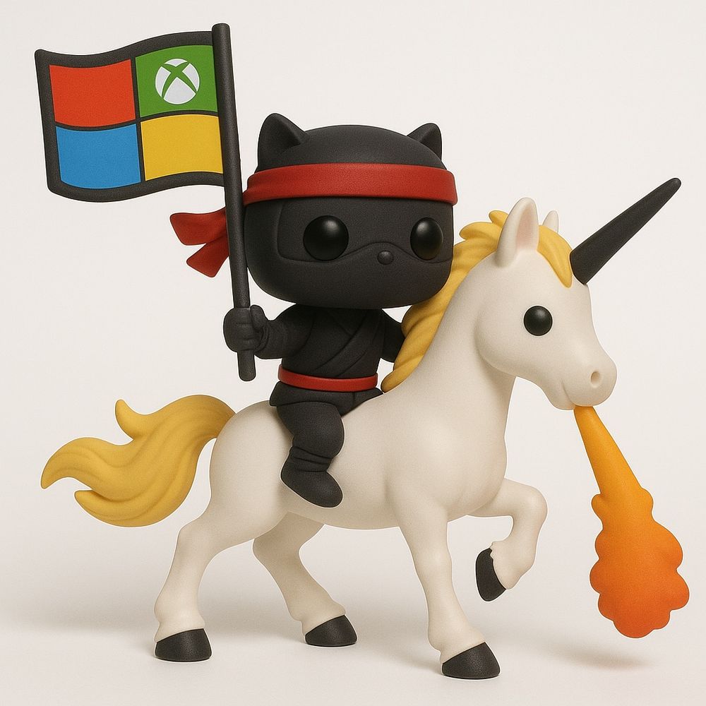 Funko Pop style figurine of Microsoft Ninja Cat riding a flame breathing unicorn while flying a Microsoft flag. 
