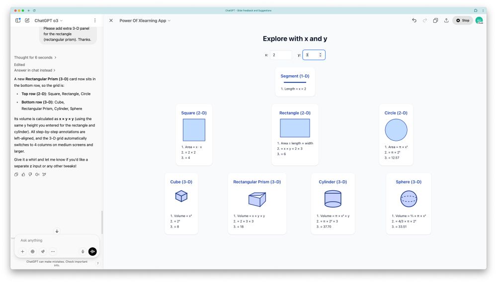 Screenshot of a web app interface displaying geometric shapes (square, rectangle, circle, cube, rectangular prism, cylinder, sphere) with formulas, alongside a chat sidebar on the left.