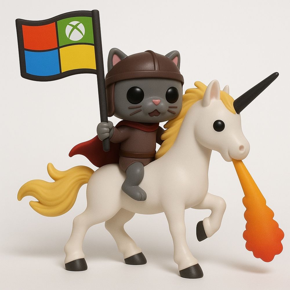 Funko Pop style figurine of Microsoft Ninja Cat riding a flame breathing unicorn while flying a Microsoft flag. 
