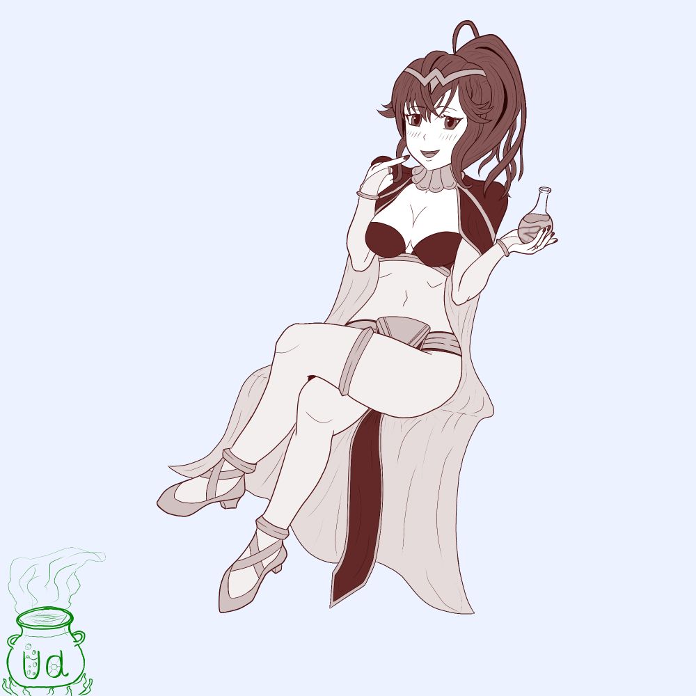 Anna from Fire Emblem sitting with her legs crossed seductively while wearing Tharja's traditional Plegian garb.  She's holding a mysterious potion in her hand, and smiling while pointing at her chin.