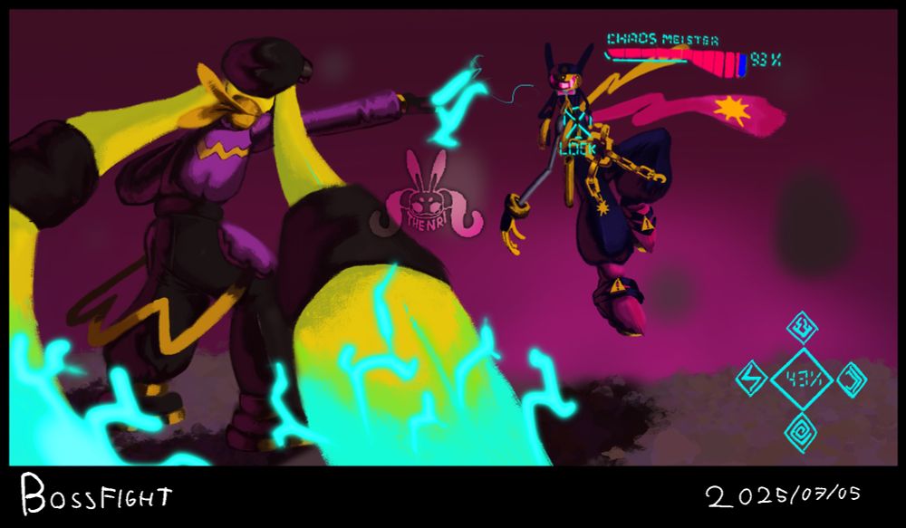 A mock video game screenshot, showing Gambolt fighting against Chaos Meister.