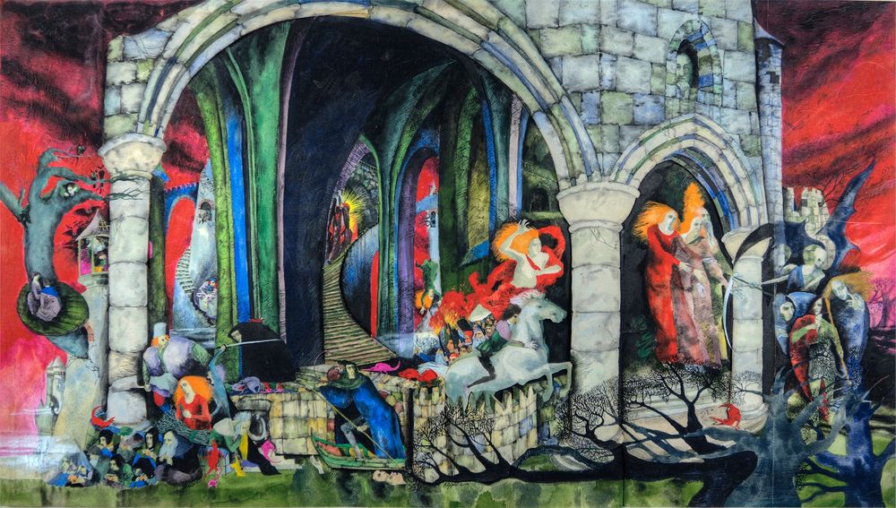 Bob Pepper's cover painting for the Ballantine editions of the Gormenghast trilogy, which was split across all three novels.