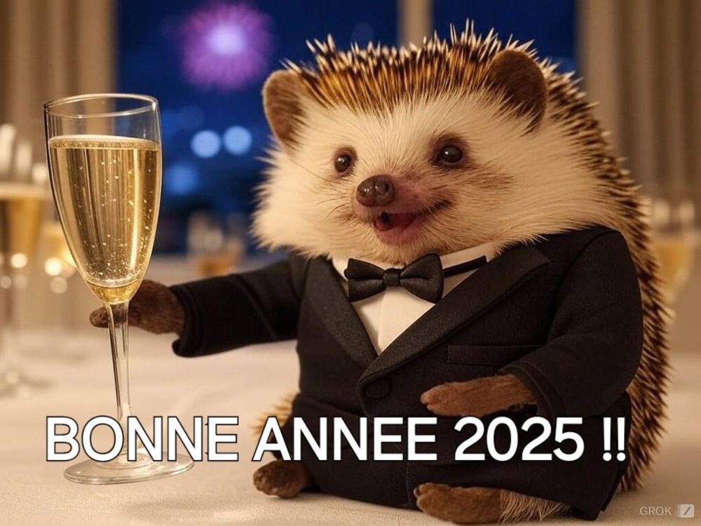 Un hérisson souriant portant un smoking et tenant une flûte de champagne souhaite une bonne annee 2025. Image générée par une IA. 