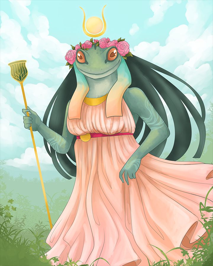 a frog headed goddess in a pink-peach dress, holding the Egyptian papyrus scepter. She stands in the middle of a field.