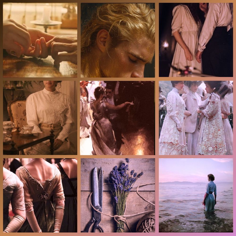 3 x 3 photo grid with hands touching, head of a blond man, couple facing each other in period clothing, a woman sitting in period clothing with teacups, painting of couple dancing, restored photo of Edwardian ladies, backs of ladies at a ball, scissor beside lavender, woman wading in the sea 