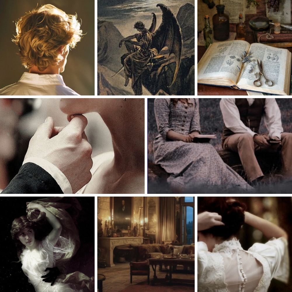 Eight images depicting a blonde haired man, a painting of a demon, an open book, a hand touching a woman's chin, a man and woman in period clothing sitting beside each other, a classical painting of a woman, a formal old fashion room, and the back of a brown haired woman's head wearing Edwardian attire