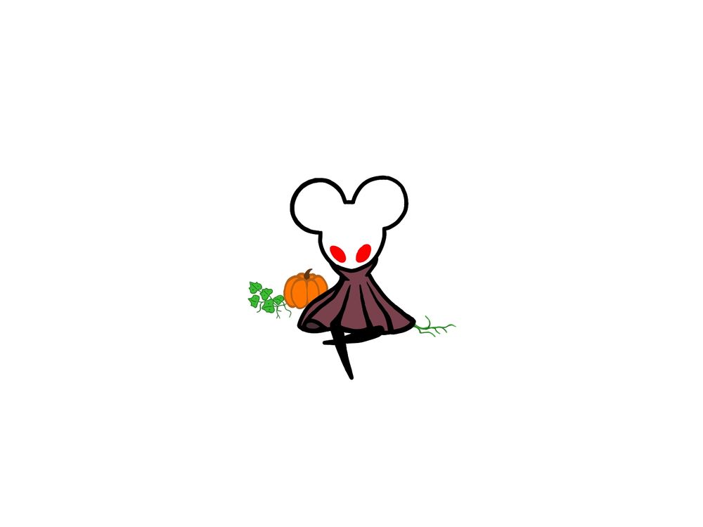 a drawing of hornet from the hollow knight series as an albino mouse, she is sitting cross legged with a pumpkin next to her