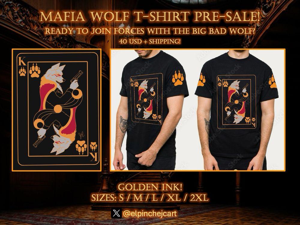 An ad for a t-shirt presale. The design features a King poker card showcasing an anthropomorphic wolf 
