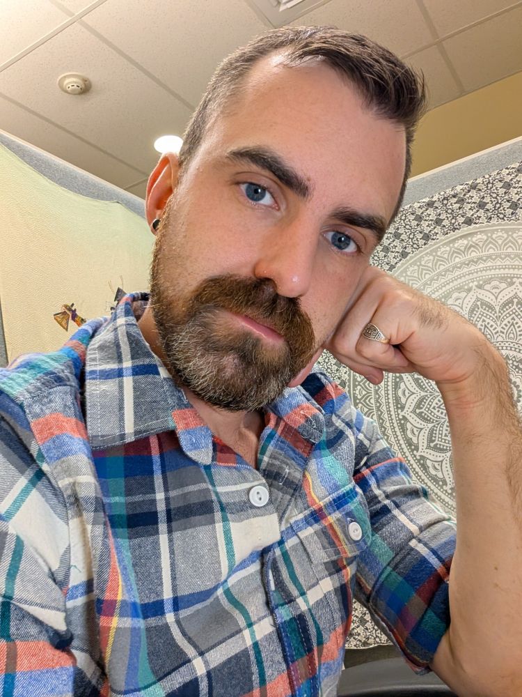 Cubicle selfie of a bearded gay man in a flannel.