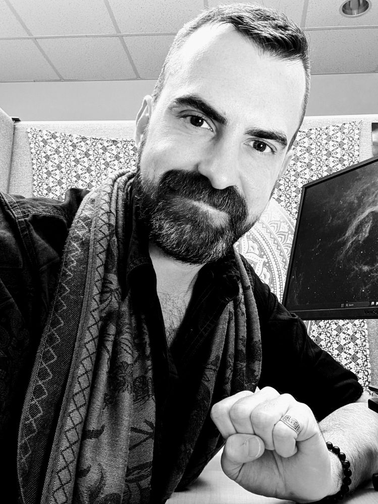 Black and white cubicle selfie, my stache looks Big!!