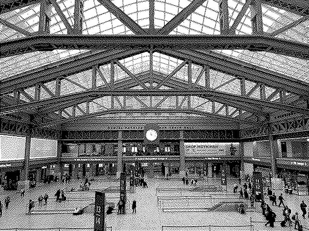 Moynihan Train Hall, Penn Station, NYC, in glorious lo res dithered b&w